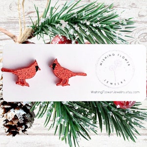 Glitter Cardinal Stud Earrings: Hypoallergenic Stainless Steel