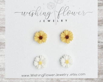 Tiny Sunflower and Daisy Stud Earring Set: Hypoallergenic Surgical Steel