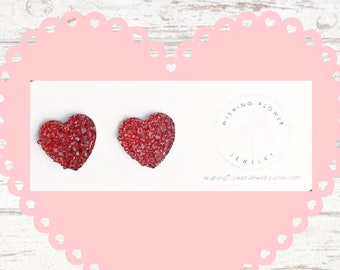 Red Druzy Heart Stud Earrings / Earring Gift for Her / Hypoallergenic Surgical Steel