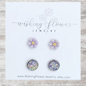 Lavender Daisy Stud Earring Set: Hypoallergenic Surgical Steel, Floral Jewelry
