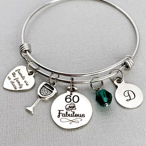 60th Birthday Gift: Personalized Charm Bangle with Birthstone