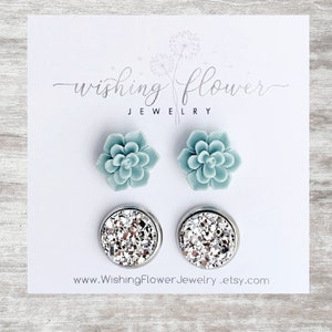 Light Teal Succulent Stud Earring Set: Hypoallergenic Silver Druzy