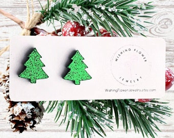Glitter Christmas Tree Stud Earrings: Hypoallergenic Holiday Earrings