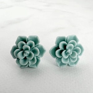 Light Teal Succulent Stud Earrings, Hypoallergenic Earring Gift for Her, Succulent Flowers