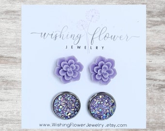 Lavender Succulent Stud Earring Set / Hypoallergenic Surgical Stainless Steel / Set of 2 Stud Earrings /  Purple Druzy Studs