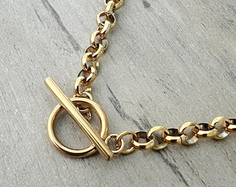 Gold Stainless Steel Rolo Chain Necklace: Hypoallergenic Toggle Clasp Chain