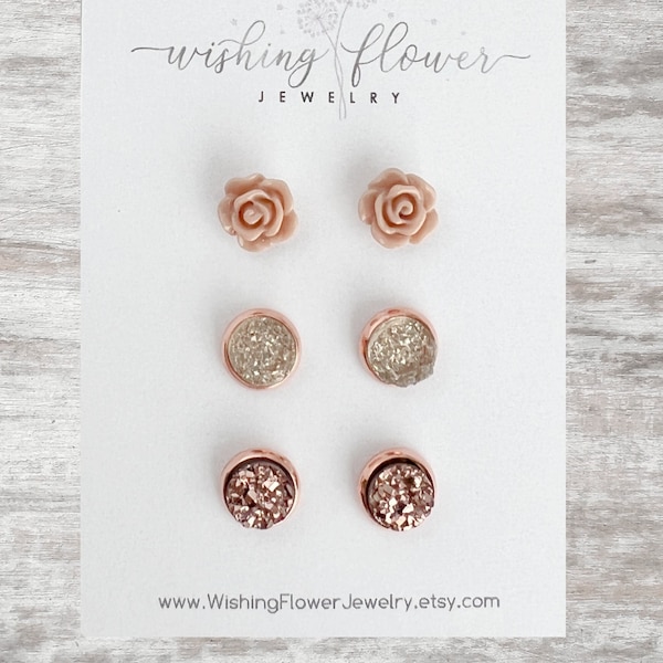 Rose Gold Stud Earring Set: Blush Resin Rose, Crystal Druzy