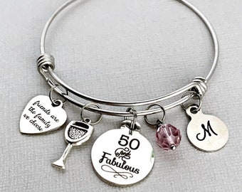 Personalized 50th Birthday Charm Bangle: Initial & Birthstone - 'Friends are Family'