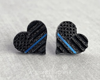 Thin Blue Line Heart Stud Earrings: Hypoallergenic Stainless Steel