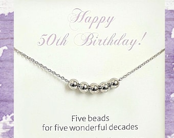 50th Birthday Gift for Women: Hypoallergenic Beaded Necklace, Five Decades, Milestone Birthday