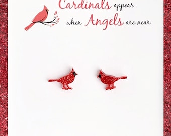 Glitter Cardinal Stud Earrings: Hypoallergenic Surgical Steel, Memorial Gift