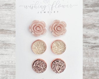 Rose Gold Stud Earring Set: Blush Resin Flower & Druzy