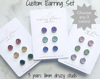 Ensemble de boucles d'oreilles Druzy personnalisées 8 mm / 3 paires de faux clous Druzy / Acier inoxydable chirurgical hypoallergénique / Cadeau boucle d'oreille pour elle