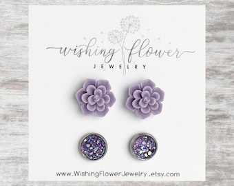 Lavender Succulent Earring Set / Hypoallergenic Surgical Stainless Steel / Small Druzy Studs / Earring Gift for Her