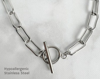 Chunky Stainless Steel Paperclip Necklace with Toggle Clasp / Hypoallergenic Waterproof Chain / Layering Necklace