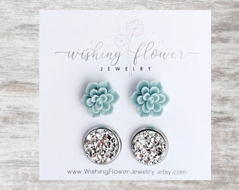 Parure de boucles d'oreilles succulentes turquoise clair / Acier inoxydable chirurgical hypoallergénique / Lot de 2 clous d'oreilles / Cadeau boucle d'oreille pour elle