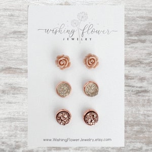 Rose Gold Stud Earring Set / Set of 3 Small Stud Earrings / Earring Gift for Her