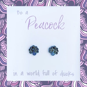 Glitter Peacock Stud Earrings: Hypoallergenic Stainless Steel Posts