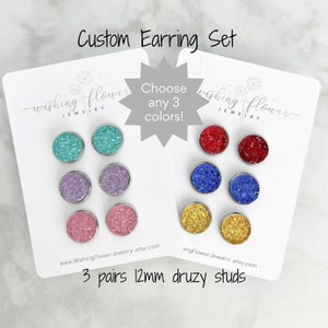 12mm Custom Druzy Stud Earring Set / Set of 3 Faux Druzy Studs / Hypoallergenic Surgical Stainless Steel / Earring Gift for Her