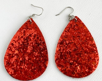 Red Glitter Faux Leather Large Heart Dangle Earrings