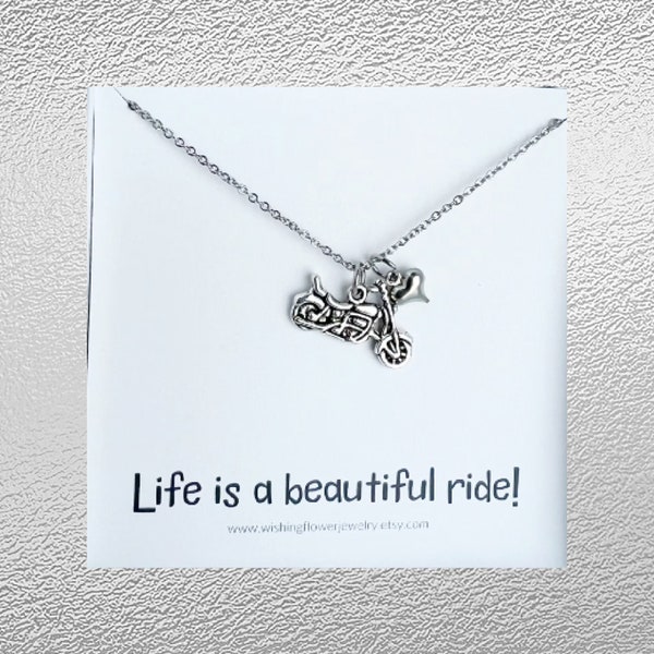 Motorcycle Charm Necklace / Life is a Beautiful Ride / Gifts Under 20 / Motorcycle Lover Gift for Her