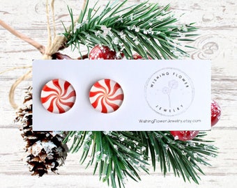 12mm Peppermint Stud Earrings / Christmas Earrings / Hypoallergenic Stainless Steel / Holiday Earrings / Stocking Stuffer