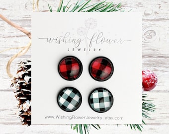 12mm Buffalo Plaid Earring Set / Christmas Earrings / Set of 2 Stud Earrings / Stocking Stuffer / Holiday Gift for Her