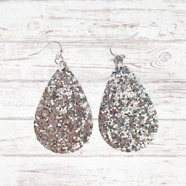 Silver Glitter Teardrop Earrings / Hypoallergenic Stainless Steel / Sparkle Faux Leather Teardrops