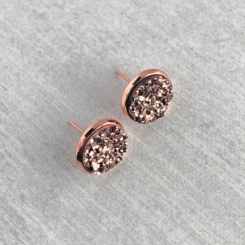 12mm Rose Gold Druzy Earrings /Metallic Faux Druzy Studs / Bridesmaid Earrings / Earring Gift for Her image 2