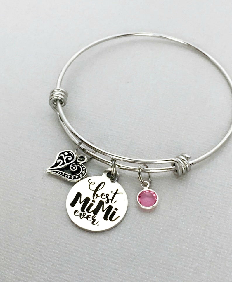 Gift for Her Personalized Mimi Birthstone Charm Bangle Bracelet,Custom Mimi Jewelry Mothers Day Jewelry