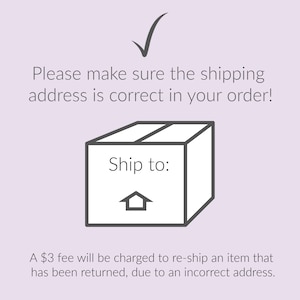 May include: A black and white illustration of a box with the text "Ship to:" and a house icon. The text below the box reads "A $3 fee will be charged to re-ship an item that has been returned, due to an incorrect address."