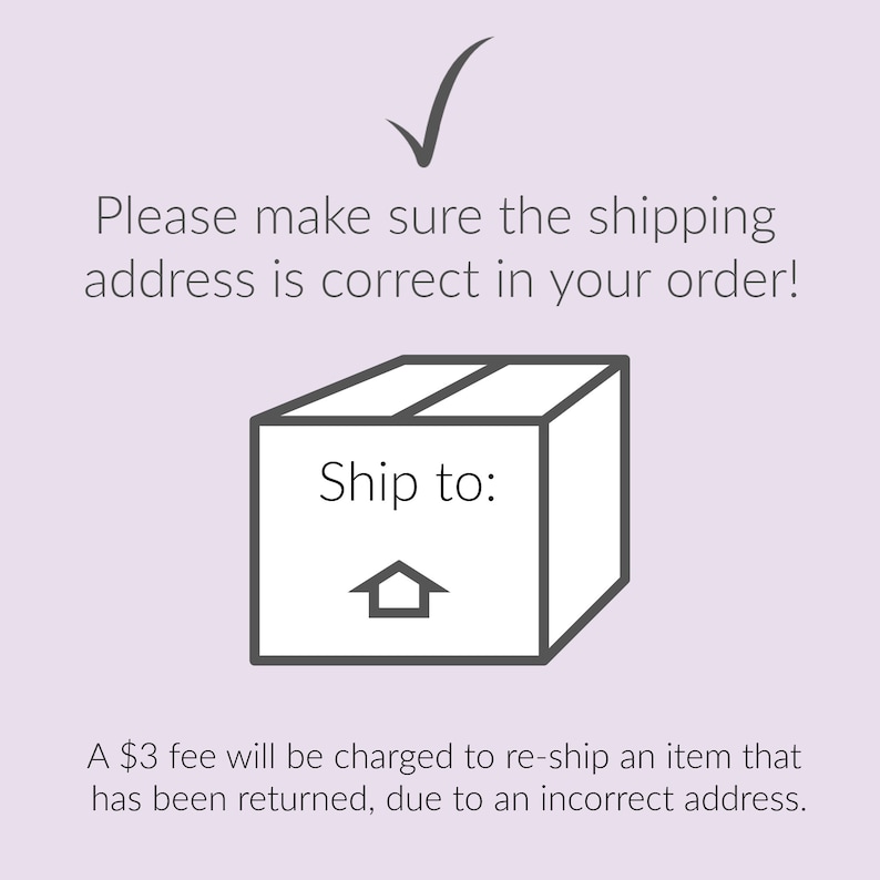 May include: A black and white illustration of a box with the text "Ship to:" and a house icon. The text below the box reads "A $3 fee will be charged to re-ship an item that has been returned, due to an incorrect address."