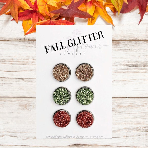 Fall Glitter Druzy Earring Set / Fall Earrings / Set of 3 Faux Druzy Studs / Hypoallergenic Stainless Steel