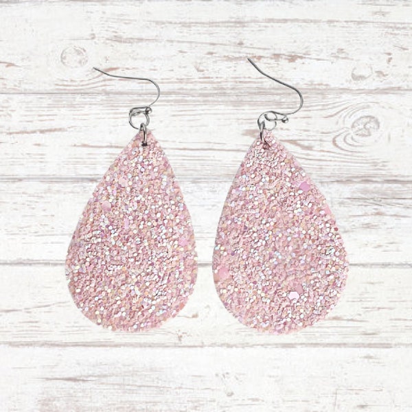 Light Pink Glitter Teardrop Earrings / Pink Sparkle Faux Leather Teardrops / Hypoallergenic Stainless Steel / Valentine Earrings