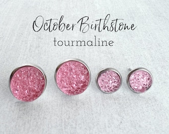 October Birthstone Earrings / Pink Druzy Stud Earrings / Hypoallergenic Stainless Steel / October Birthday Gift