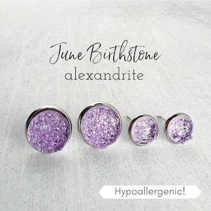 June Birthstone Earrings, June Birthday Gift for Her, Hypoallergenic Surgical Steel, Alexandrite Druzy Studs