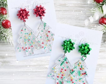 Glitter Confetti Christmas Tree Earrings / Christmas Earrings / Holiday Party Earrings / Hypoallergenic Stainless Steel