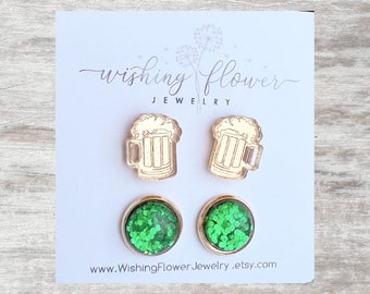 CLEARANCE! Beer Mug Stud Earring Set / Green and Gold Studs / Earring Gift for Her