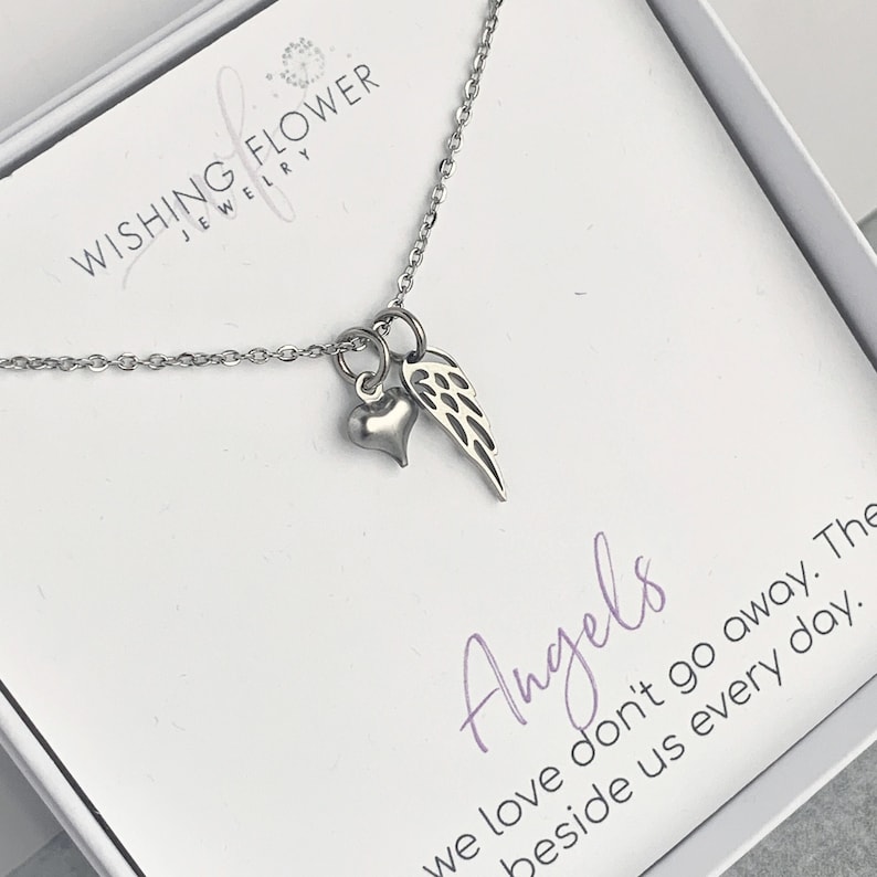 Dainty angel wing and heart necklace, baby memorial gift