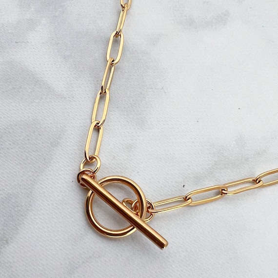 Gold STAINLESS STEEL Paperclip Necklace with Toggle Clasp: Hypoallergenic Everyday Jewelry