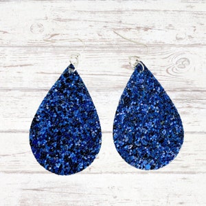 Navy Glitter Teardrop Earrings /  Hypoallergenic Stainless Steel / Blue Sparkle Faux Leather Teardrops