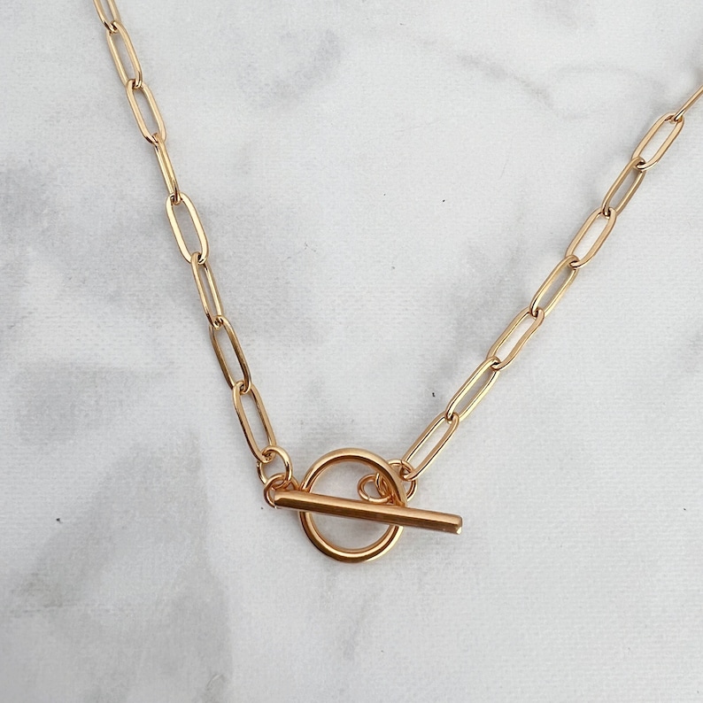 Gold stainless steel paperclip chain toggle clasp necklace