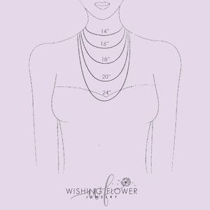 May include: Illustration of a person with necklace length guide. The image shows necklace lengths of 14", 16", 18", 20", and 24" on a person's neck. The Wishing Flower Jewelry logo is at the bottom.