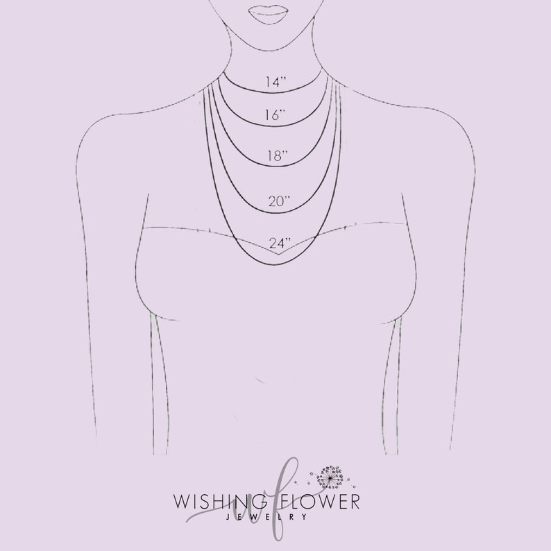 May include: Illustration of a person with necklace length guide. The image shows necklace lengths of 14", 16", 18", 20", and 24" on a person's neck. The Wishing Flower Jewelry logo is at the bottom.