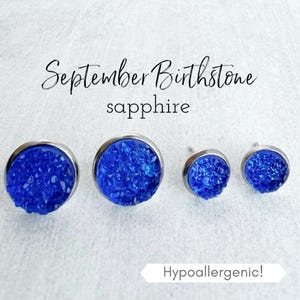 September Birthstone Earrings, September Birthday Gift, Sapphire Druzy Stud Earrings, Hypoallergenic Surgical Steel