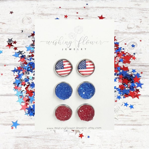 American Flag Stud Earring Set / 4th of July Red White and Blue Stud Earrings / Patriotic Earrings / Hypoallergenic Surgical Steel