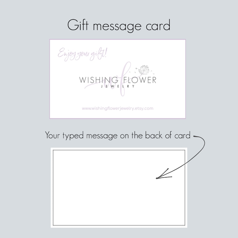 May include: A white gift card with the text "Enjoy your gift!" and the logo "Wishing Flower Jewellery" with a dandelion graphic. The back of the card is blank for a personalised message.