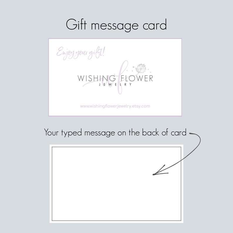 May include: A white gift card with the text "Enjoy your gift!" and the logo "Wishing Flower Jewellery" with a dandelion graphic. The back of the card is blank for a personalised message.