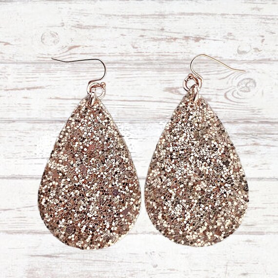 Rose Gold Glitter Teardrop Earrings: Faux Leather Dangle Earrings