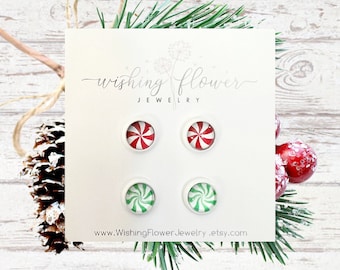 8mm Peppermint Stud Earrings / Christmas Earrings / Stocking Stuffer / Holiday Earrings / Secret Santa Gift